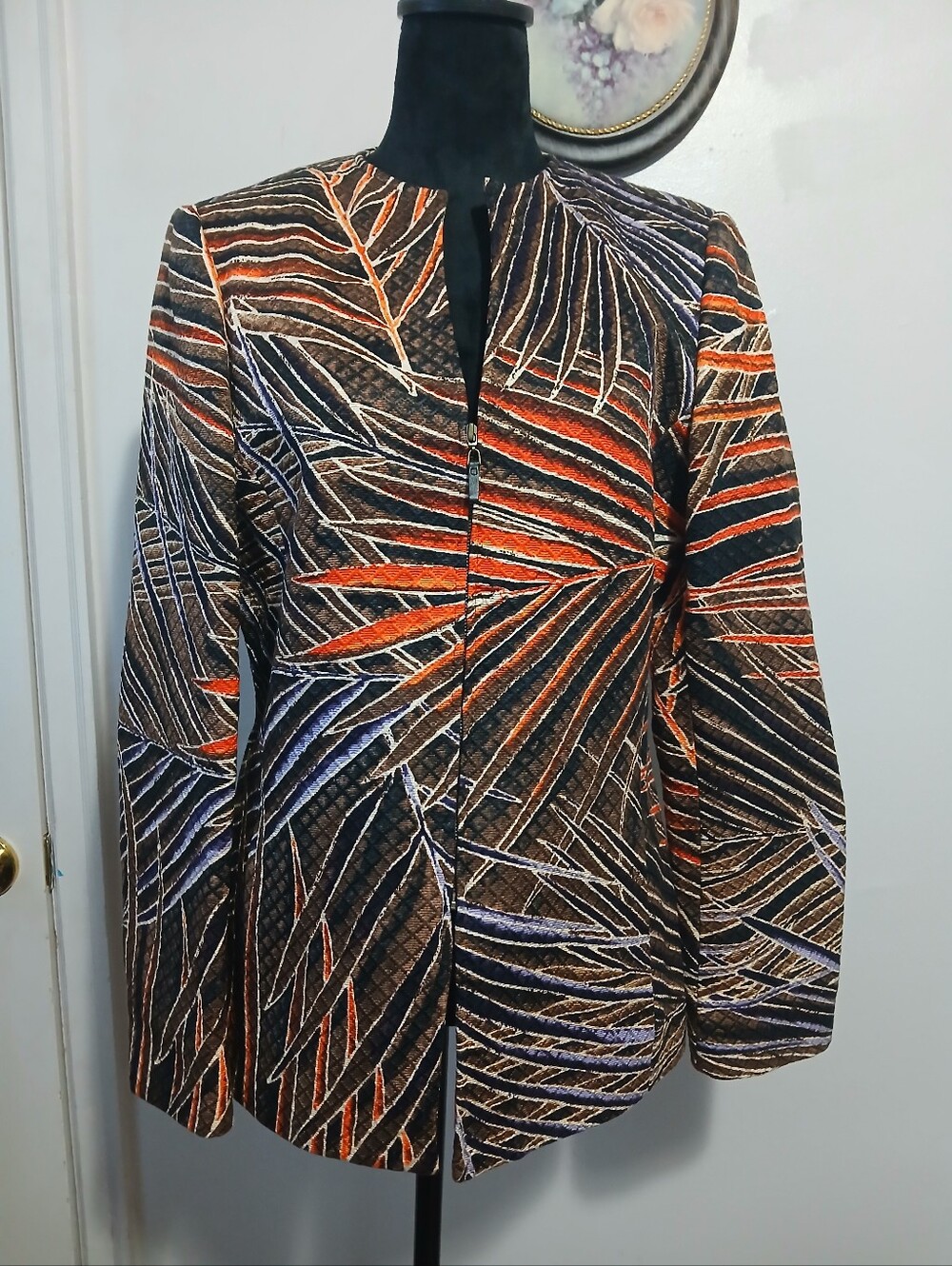 Linda Allard Ellen Tracy Silk Jacket Womens Size 8 Leaf Print Collarless